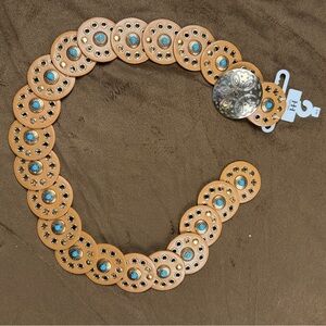 Haute Hippie Western Concho Belt Tan Turquoise Accents Wide Adjustable S/M